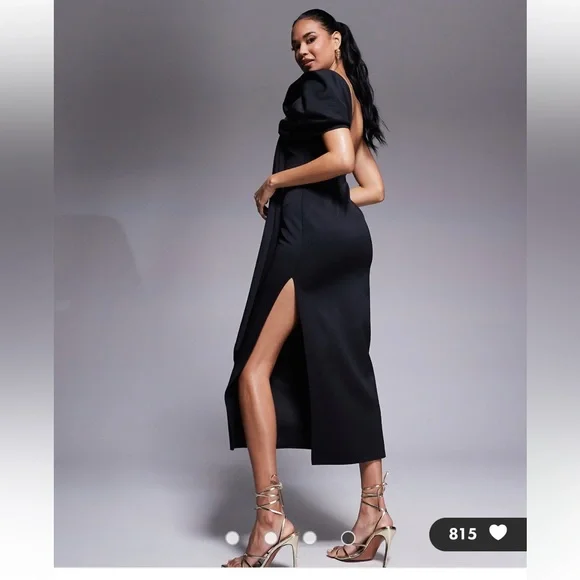 ASOS DESIGN scuba off the shoulder bow detail midi dress in black size 8 - Picture 4 of 13
